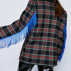 ✨ Nasty Gal NWOT Red Tartan Fringes Embellishment Blazer  Size 4 Oversized Fit ✨